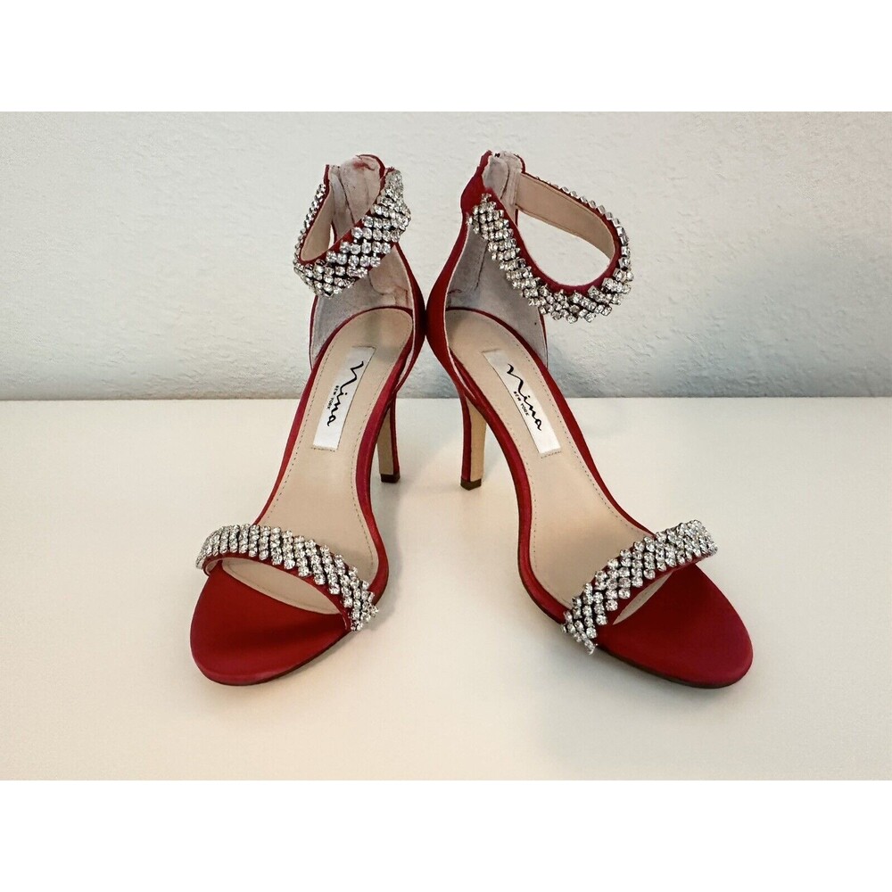 Nina Red Satin Crystal Ankle-Strap High Heels